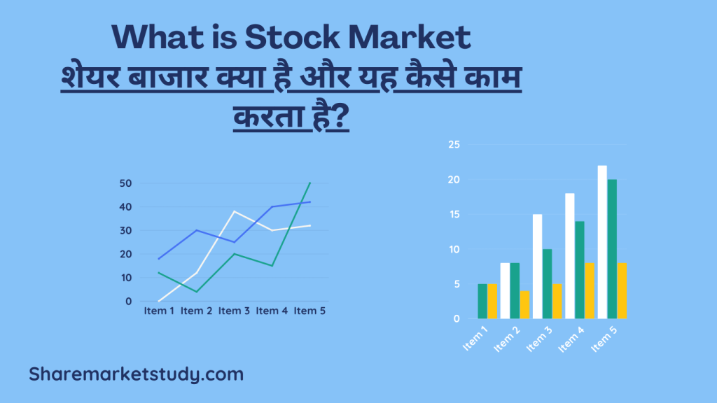 a blue background with a graph and text Stock Market